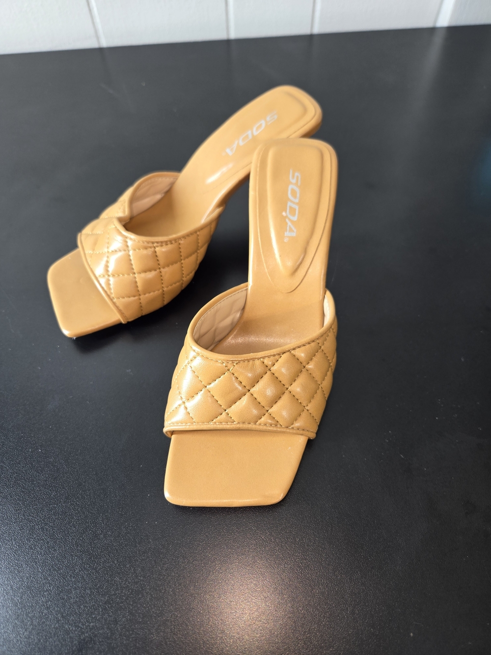 Soda Quilted Slide Mules in Camel Tan